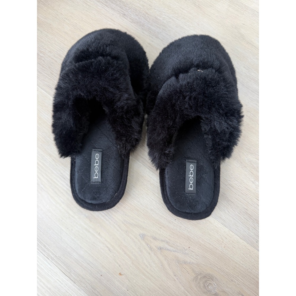 Bebe Women Black Faux Fur Slide Slippers Gold Logo House Shoes Size 8/9